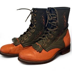 Vintage Laredo | Two-Tone Olive Green & brown leather Lace-Up Western Boots